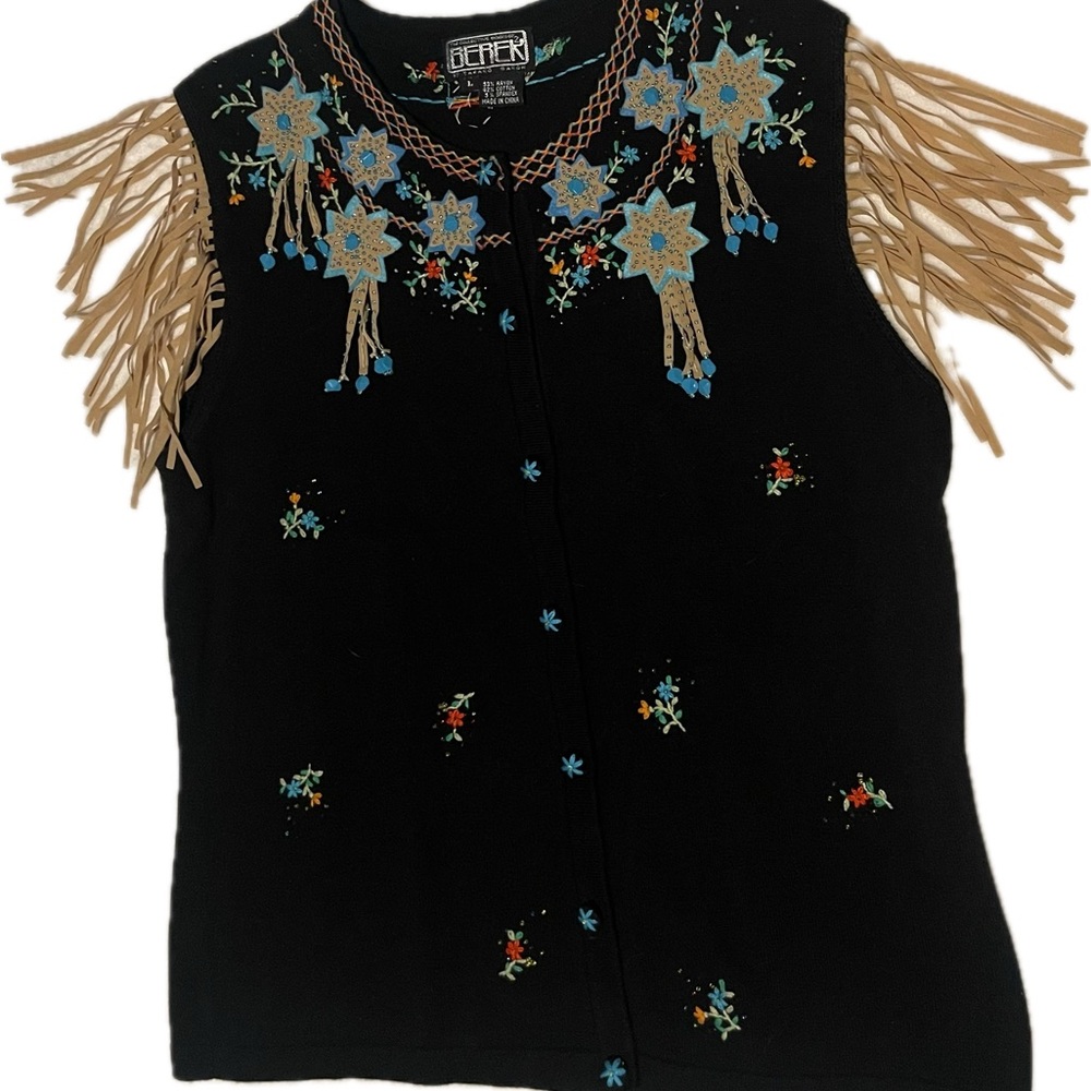 Berek Women’s Black Sweater with Floral Design and Fringe Size Large